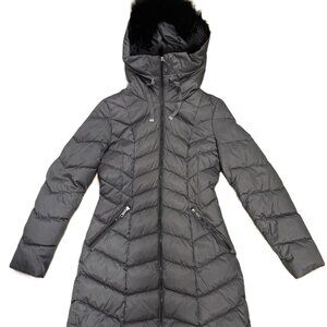 TAHARI Women's XS Slim Fit Long Puffer Coat w/ Attached Faux Fur Hood/Collar